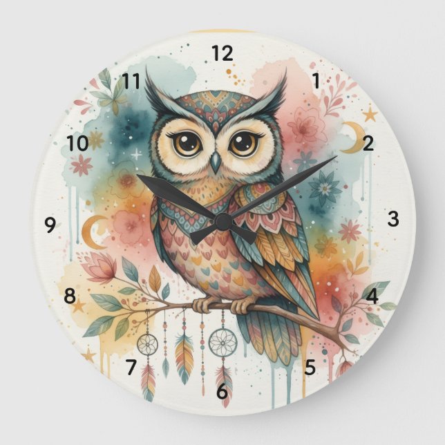 Reloj de pared grande búho boho  (Anverso)