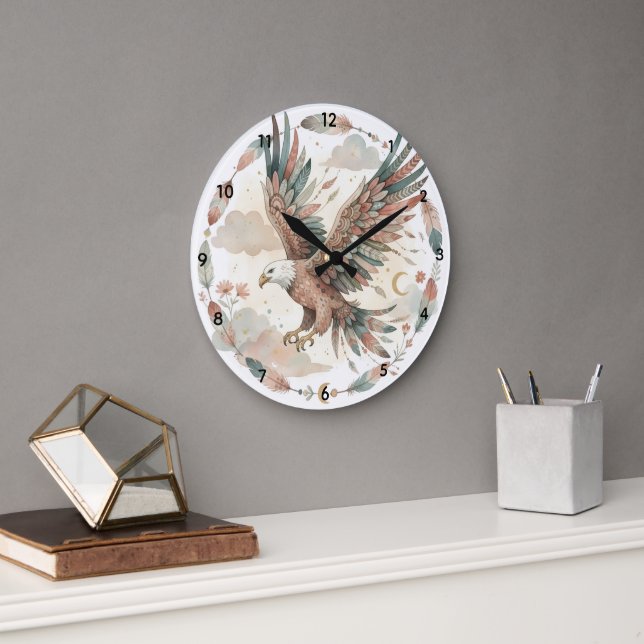 Reloj de pared grande de águila boho acuarela (Oficina)