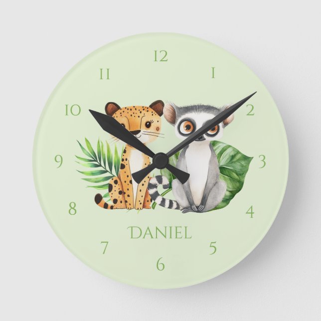 Reloj de pared Green Safari Leppard & Monkey Child (Anverso)