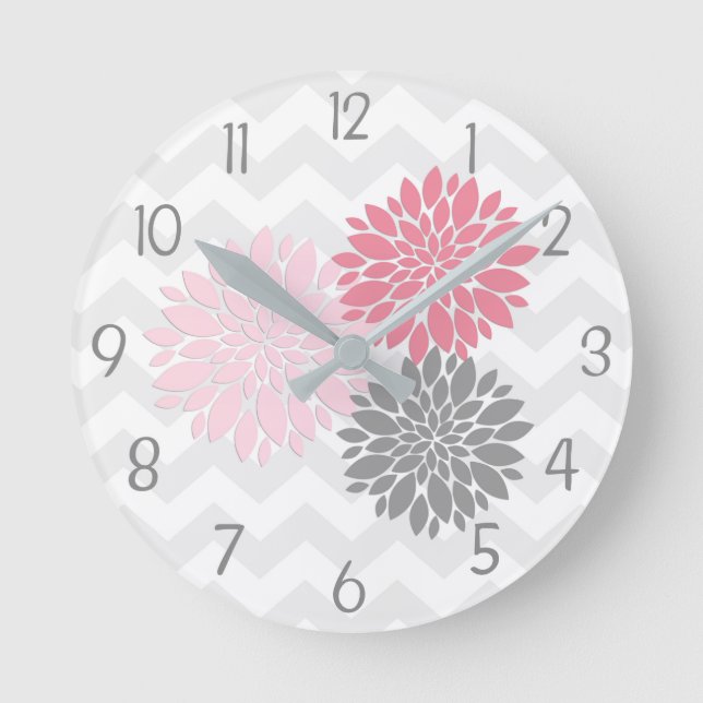 Reloj de pared gris rosado de la flor de la dalia (Anverso)