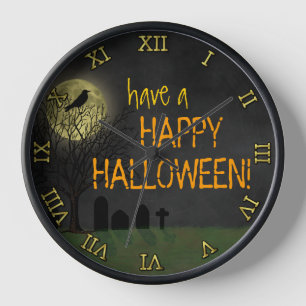 Reloj De Pared Halloween - Graveyard Crow y Moon Personalizado Te