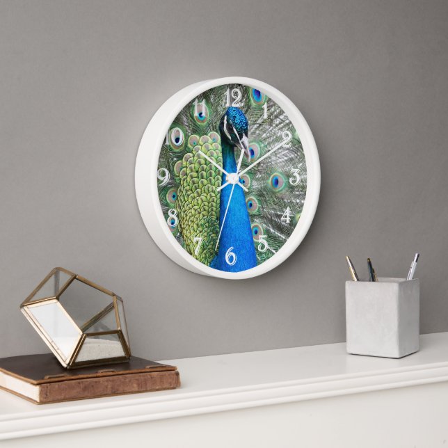 Reloj De Pared Hermosas plumas de pavo real azul (Oficina)