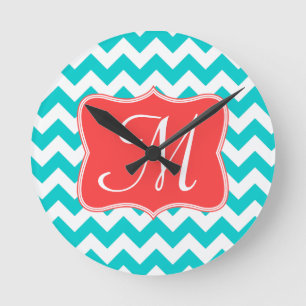 Reloj de pared inicial Aqua Chevron Monograma mode