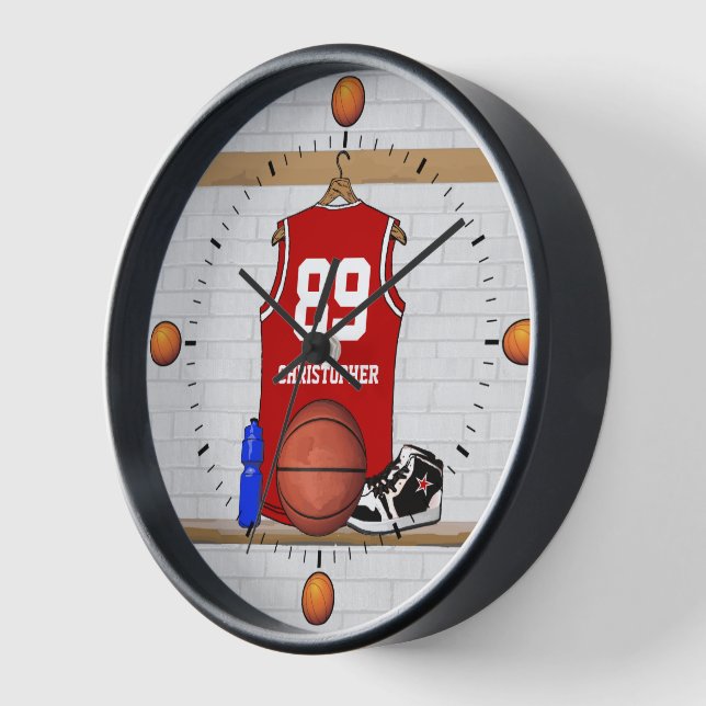 Reloj De Pared Jersey de baloncesto rojo y blanco personalizado (Ángulo)