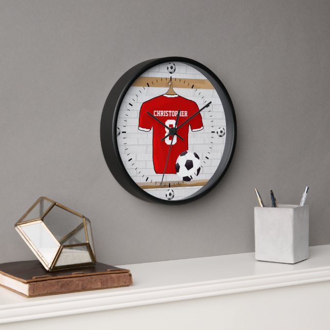 Reloj De Pared Jersey de fútbol rojo y blanco personalizado (Oficina)