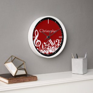 Reloj De Pared Las notas musicales jugosas son blancas en rojo
