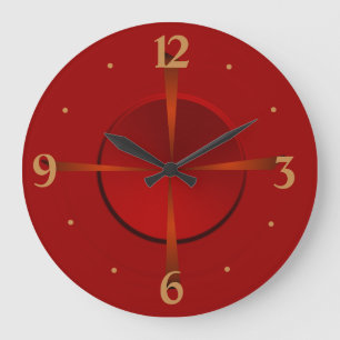 Reloj de pared liso rojo atmosférico y dorado