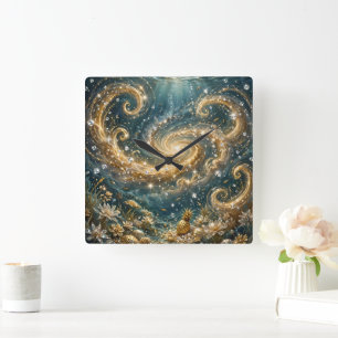 Reloj de pared Luxury Golden Ocean Swirl - Galaxia