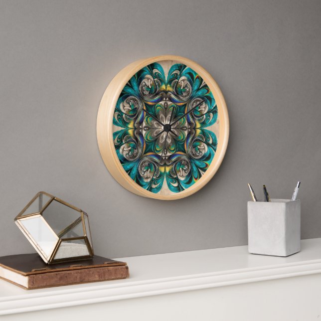 Reloj de pared mandala dorado y turquesa (Oficina)