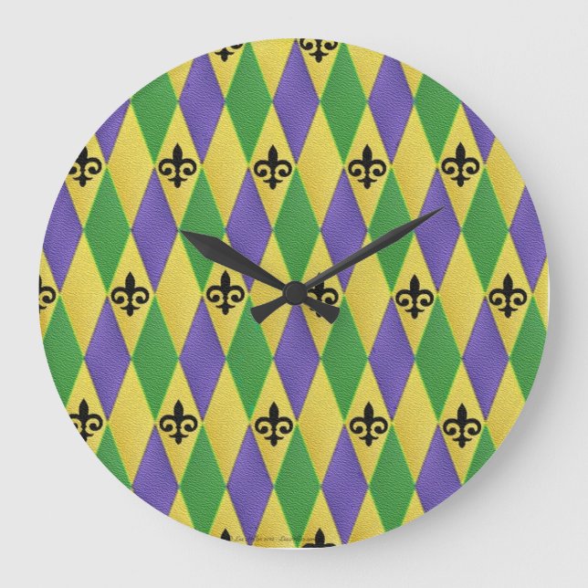 Reloj de pared Mardi Gras Harlequin Fleur De Lis (Anverso)