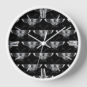 Reloj De Pared Mariposa Deco estilizada - blanco y negro