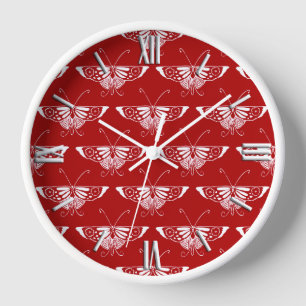 Reloj De Pared Mariposa Deco estilizada - rojo oscuro y blanco