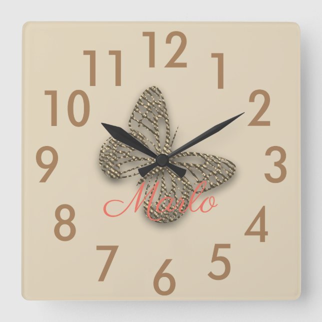 Reloj de pared Mariposa Dorada Añadir Nombre (Anverso)
