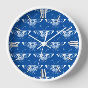 Reloj De Pared Mariposa estilizada Art Deco, azul cobalto y blanc