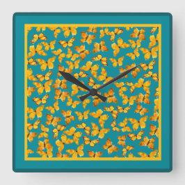 Reloj de pared, mariposas doradas en Verde azulado