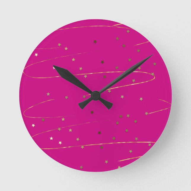 Reloj de pared moderno de brillo rosa y dorado (Anverso)