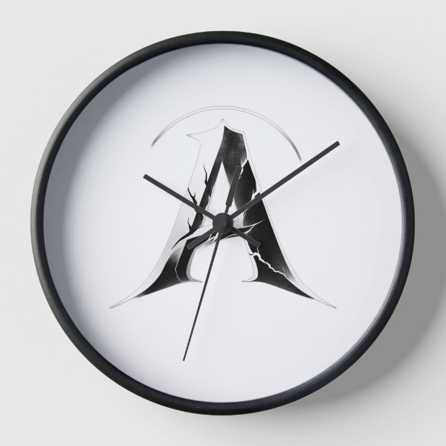 Reloj de pared moderno en blanco y negro con letra (Anverso)