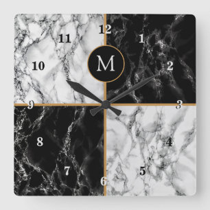 Reloj de pared monograma con mármol blanco negro