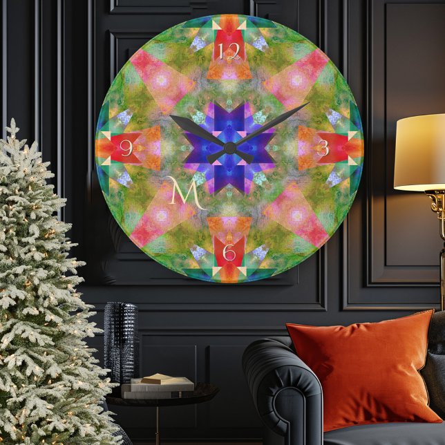 Reloj de pared monograma de arte geométrico festiv (Festive geometric watercolor art Christmas wall clock)