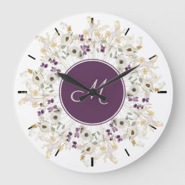 Reloj de pared monograma de flor salvaje morado su