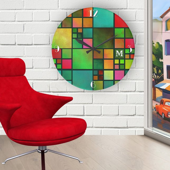 Reloj de pared monograma del patrón geométrico del (Artistic wall clock with a checkered tile pattern with a watercolor effect in a variety of colors)
