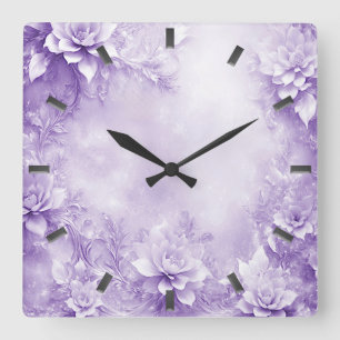 Reloj de pared morado de flores blancas