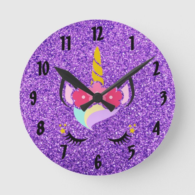 Reloj de pared morado de unicornio personalizado (Anverso)