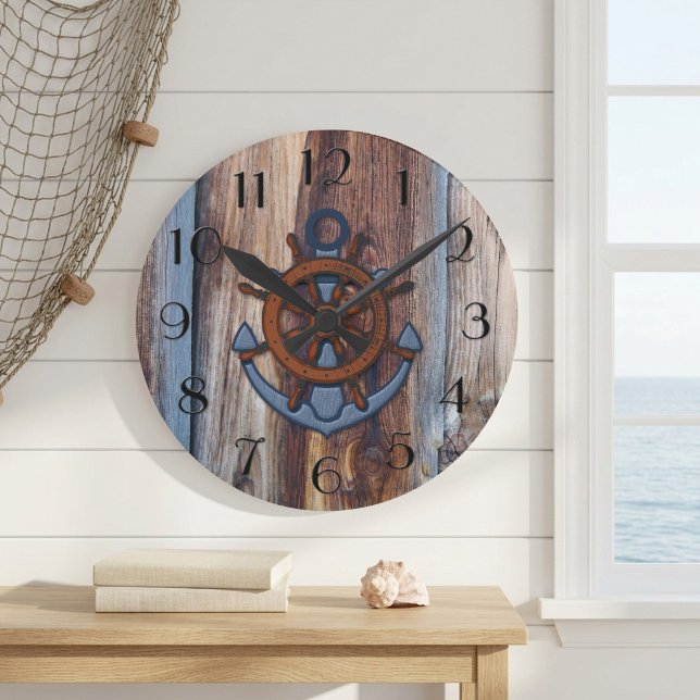 Reloj de pared náutico del Ancla de madera rústica (Wall clock featuring an anchor on a rustic driftwood background)