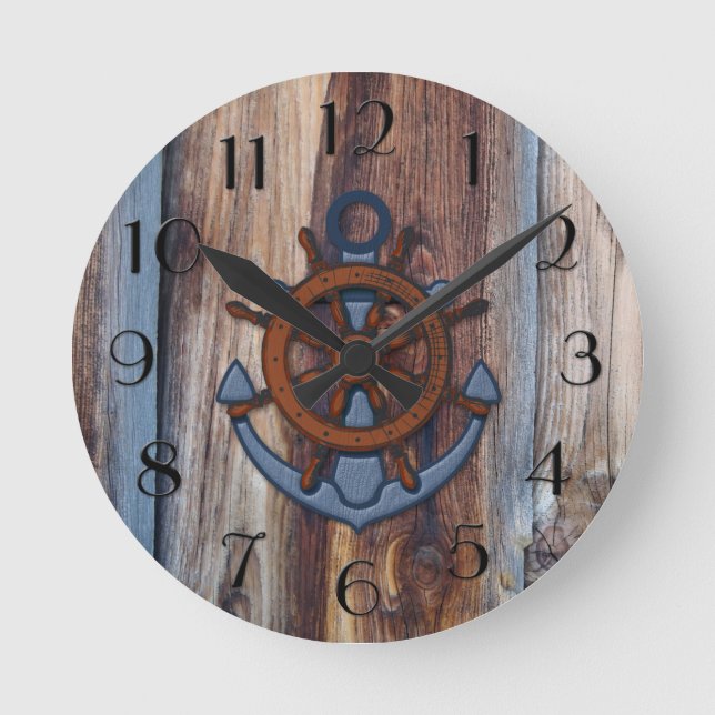 Reloj de pared náutico del Ancla de madera rústica (Anverso)