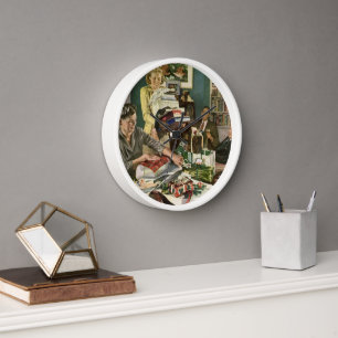 Reloj De Pared Navidad Vintage, Familia Feliz envolviendo regalos