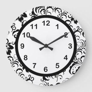 Reloj de pared negro con borde blanco damasco flor