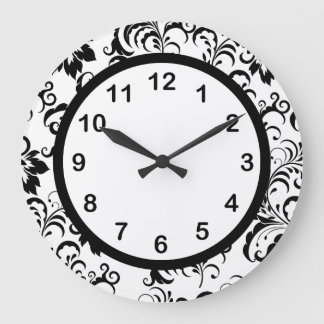 Reloj de pared negro con borde blanco damasco flor