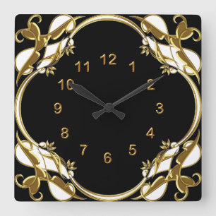 Reloj de pared negro dorado blanco remolino floral