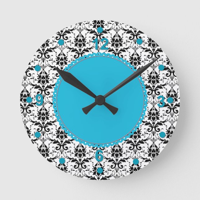 Reloj de pared negro y blanco elegante del damasco (Anverso)