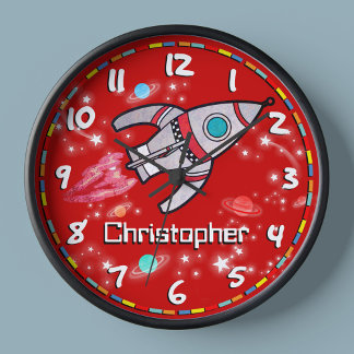 Reloj De Pared Niños divertidos chicos espacio de cohetes nombre 