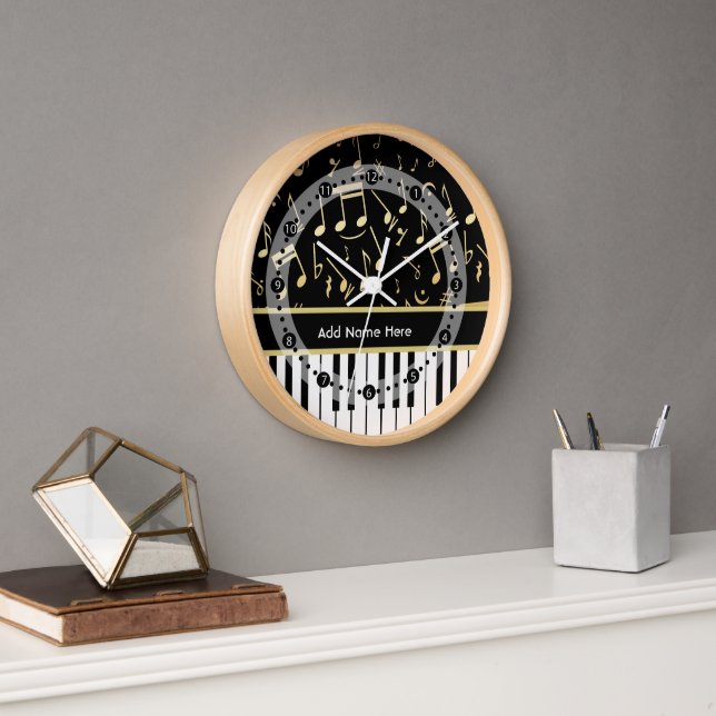 Reloj De Pared Notas musicales y claves de piano negro y oro (Oficina)