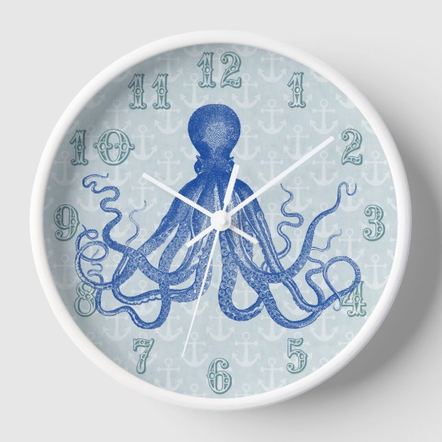 Reloj De Pared Octopus azul vintage con anclas (Anverso)