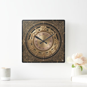 Reloj de pared ornamentado de mármol negro y oro d