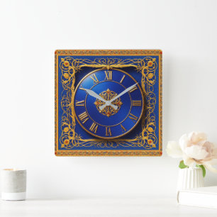 Reloj de pared ornamentado dorado cobalto azul