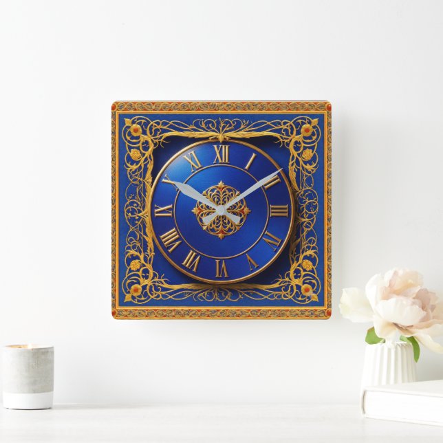Reloj de pared ornamentado dorado cobalto azul (Hogar)