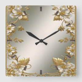 Reloj de pared ornato de oro floral blanco