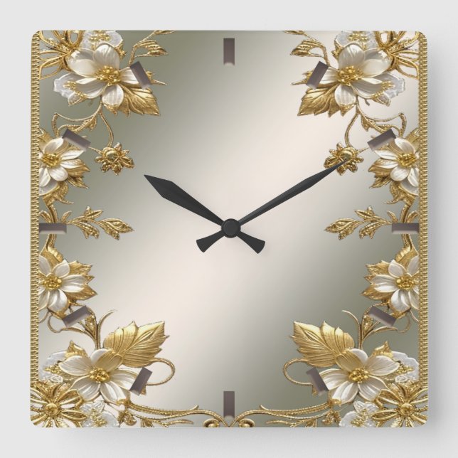 Reloj de pared ornato de oro floral blanco (Anverso)
