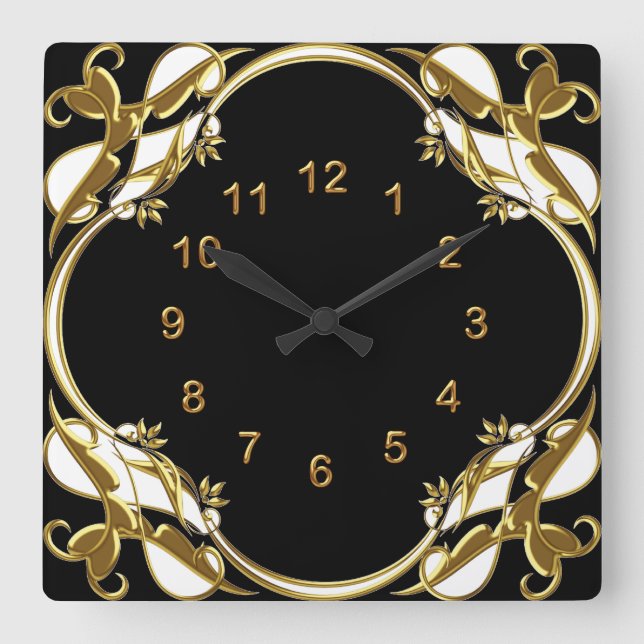 Reloj de pared Oro negro Banda floral blanca (Anverso)