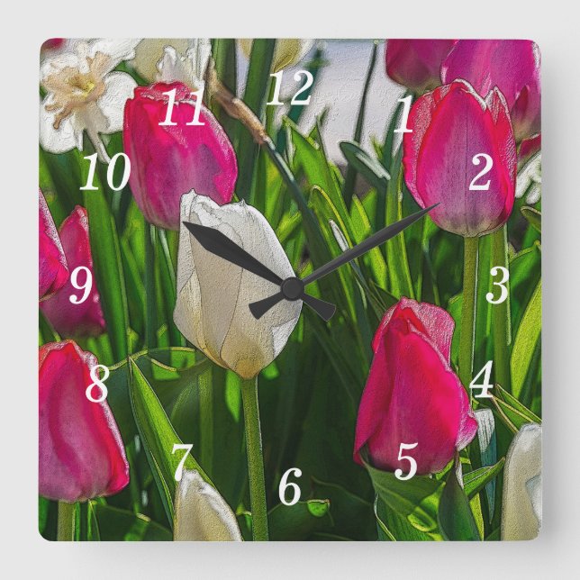 Reloj De Pared Paintero De Tulipanes Rosados Y Bla (Anverso)