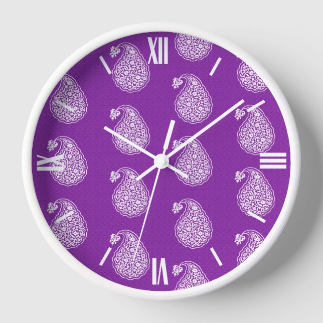 Reloj De Pared Paisley de tejas persas - blanco sobre púrpura (Anverso)