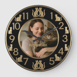 Reloj de pared para amantes de gatos negro y dorad