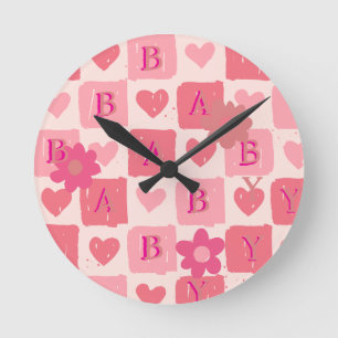 Reloj de pared para bebé a cuadros rosados