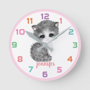 Reloj de pared para niños color gato rosa