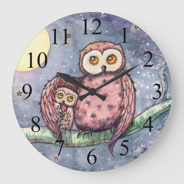 Reloj de pared para niños Dos búhos y una luna (Anverso)