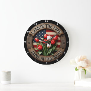 Reloj de pared patriótico con flores de tulipán